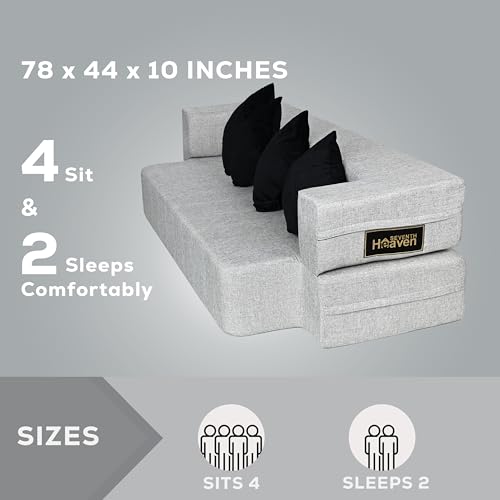 Image of Seventh Heaven 4 Seater Sofa Bed 78x44x10 inch Jute Fabric with 4 Cushions 4 Seater Double Foam Fold Out Sofa Cum Bed (Finish Color - White. Delivery Condition - Pre-Assembled)