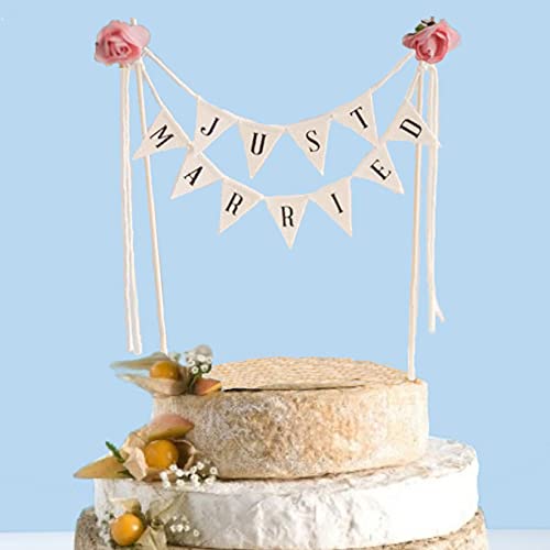 Just Married Cake Topper Rustic Vintage Rose Affair Rustic Cheese Cake Bunting Handmade Pennant Flags with Wood Pole Ivory…