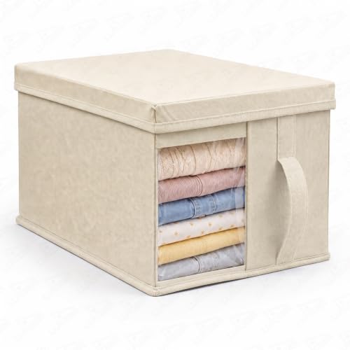 Image of Lukzer 1 PC Wardrobe Organizer for Clothes, 20L Foldable Non-Woven Fabric Storage Box with Lid, Clear Window & Front /Back Handles | Almirah Cupboard Organizer for Jeans, Sweaters & Sarees - Beige