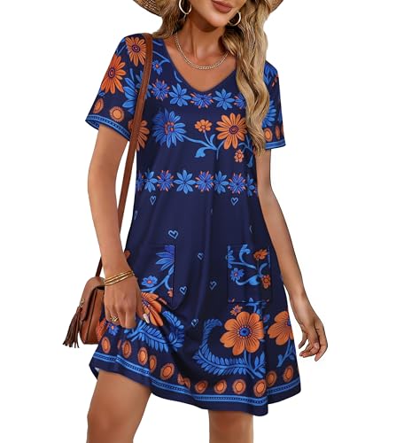 Image of CHICGAL Summer Dresses for Women V Neck Short Sleeve Casual Loose T Shirt Sundress Beach Cover Ups with Pockets 2026