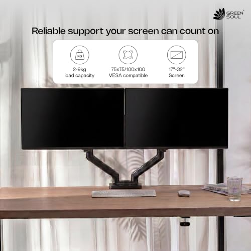 Image of Green Soul Dual Monitor Gas Spring Stand|Fits 13-32 inch Screen|9Kg Weight Capacity|Height Adjustable Desk Mount, VESA Plate, Grommet & C-Clamp Base|Monitor Riser for Desk|Tilt, Swivel & Rotation|Black