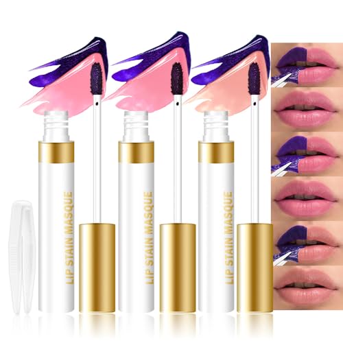 evpct 3Pcs Peel Off Lip Stain Tints with Tweezer, Liquid Lipstick Lip Stain Gloss Long Lasting Waterproof for Women, Non-stick Cup Lipstick Peel Off Highly Pigmented 24 Hrs Original Lips Stains, Set03