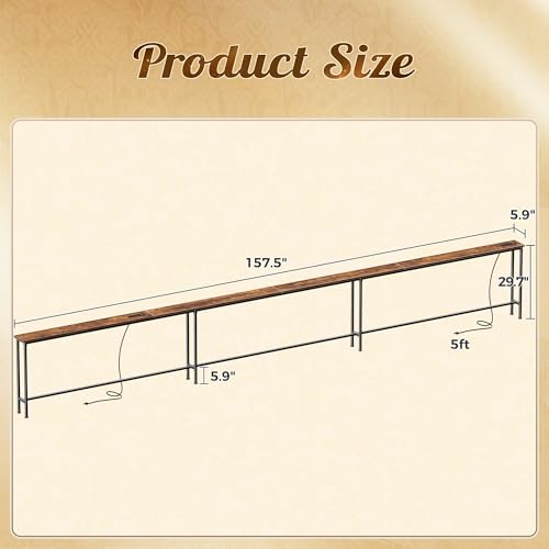 Image of Huuger 157.5 Inch Sofa Table with Power Outlets, Skinny Behind Couch Table | 5.9 Inch Narrow Entryway Table, Extra-Long Console Table, Behind the Couch Table with Outlet for Living Room, Rustic Brown