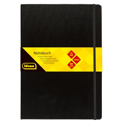 Idena 10053 Notebook DIN A4, Blank, Cream Paper, 192 Pages, 80 g/m², Hard Cover in Black, Pack of 1