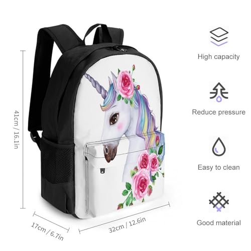Supdreamc Men Women Polyester Unicorn Portrait Watercolor Style Floral Art Daypack Big Capacity Shoulder Bag With Smooth Zippers for Hiking Work Walking Cycling2