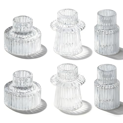 Accmuzzy Portacandele in vetro 2 in 1, set da 6 candelabri per candele, piccolo portacandele trasparente, per matrimoni, tavolo da pranzo, Natale, avvento, decorazione vintage