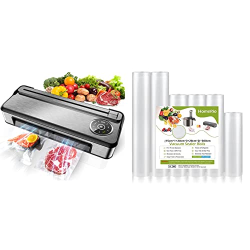 Vakuumiergerät 85kPa, Vollautomatischer Vakuumierer mit Cutter & Vakuumierbeutel Vakuumbeutel Lebensmittel Vakuumierfolie Beutel 6 Rolle 15/20/28x300cm Profi Folienbeutel Folie Cover