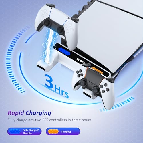 Image of NexiGo Slim Horizontal Stand for PS5 with Charging Station for Dual Sense&Dual Sense Edge Controllers,Silent Cooling Fan w /Intelligent Temperature Control, LED Indicators, White