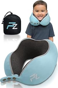 FLOWZOOM Nackenkissen für Kinder ab 3 Jahre - auch für Kinderautositze geeignet - einstellbares Memory Foam Nackenhörnchen mit weichem & waschbarem Bezug - inkl. Beutel - Blau, Größe S (ab 3 J.)