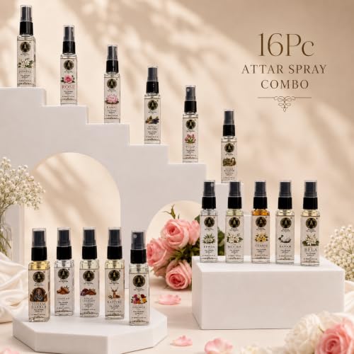 Image of INDRA SUGANDH BHANDAR Luxury Perfume Attar Spray For Pooja 10ml x 16pc Set Total 160ml 100% Alcohol Free Attar Perfume For Pooja, Worship, Namaz or Personal Use /Long Lasting Natural Perfume / 0% Alcohol