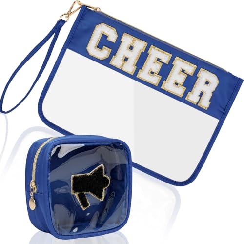 Aintmax 2Pcs Clear Cheer Bag Chenille Varsity Letter Makeup Bag Preppy Patch Pouch Waterproof PVC Toiletry Organizer Flat Travel Cosmetic Bag Cheerleader Gifts for Women(Cheer-Blue)