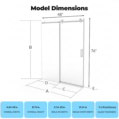 Image of Frameless Sliding Shower Door,44-48 in w x 76 in h Waterproof Glass Shower Door,1 /4 in Thick Tempered Clear Glass with Explosion-Proof Film,Handle and Seal Strip, Brushed Nickel