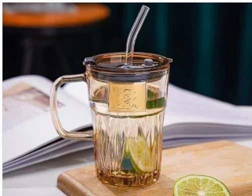 KiKiluxxa Glass Travel Tea and Coffee Fruit Juice Milk Sipper Tumbler Mug with Straw and Lid -Pack of 1-400ml [ MultiClour Items ] (Corian HT 1)