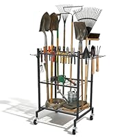 Eirolace Gartengeräte Halterung Ständer Mit Rollen,71 * 42 * 31cm,Gartengeräte Halterung Mit 4 Haken 35 Schlitzen Für Besen,Gartengeräte Aufbewahrung Ständer Für Besen,Schaufeln,Rechen
