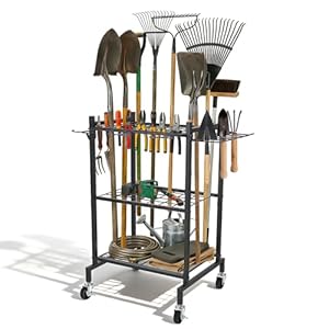 Gartengeräte Organizer mit Rollen, Gartengeräte Halterung mit 11 Haken, bis zu 35 Werkzeuge für Schaufel, Hacke & Spatengabel, Gartenwerkzeug aufbewahrung für Garten und Garage Garagen(79X30X30cm)