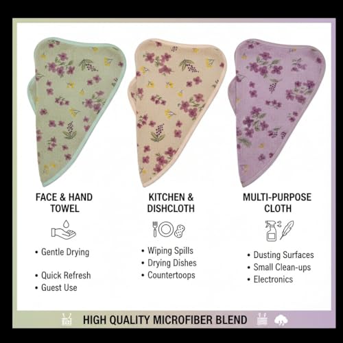 Image of 500 GSM Microfiber Hand Towels | Ultra Soft Absorbent Multipurpose Face Towels for Kitchen, Bathroom & Baby Care | Floral Printed Quick Dry (Multicolor, Set of 3)