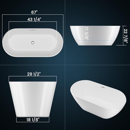 Image of GarveeLife 67 Inch Freestanding Bathtubs, Soaking Tub, Modern Free Standing Bathtub with Integrated Overflow, Deep Ergonomic Design for Spa-Like Relaxation, Acrylic