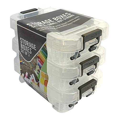 AMOS Storage Boxes with Clear Lids (Set Of 3) – 0.1l, Plastic Container for Home Office, Stackable Mini Boxes, Lightweight Rubber Pins Clips Button Organiser | Home Storage Boxes