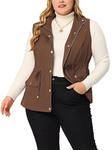 Agnes Orinda Women's Plus Size Utility Vest Lightweight Sleeveless Anorak Cargo Drawstring Jacket Brown 3X