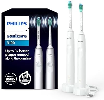 Philips Sonicare 3100, cepillo dental eléctrico, cepillo dental sónico, sensor de presión y temporizador, blanco, pack doble, modelo HX3675/13
