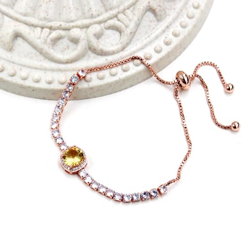 Image of Rose Plated Gold Brass Box Chain Cubic Zirconia Classic Tennis Slider Adjustable Bracelet, Round Big Zircon Charm Give Woman Mom Mother's Day Fashion Crystal Gift