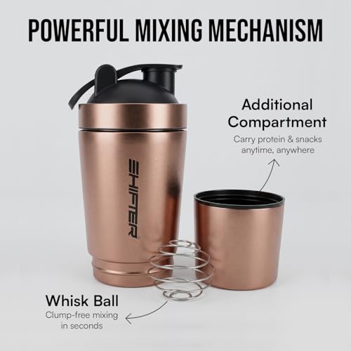 Image of Shifter Stainless Steel Gym Shaker Bottle 500ml | Protein Shaker with Mixer Ball | Leakproof Metal Blender Bottle| Gym, Fitness, Workout, Sports Water Bottle for Men & Women (BRONZE-2)