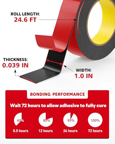 Image of HitLights Double Sided Tape Heavy Duty, 1 in x 24.6 ft, Adhesive Mounting Tape Waterproof, Strong Double Stick Foam Tape for Walls Poster Automotive Outdoor Home (Pack of 1)