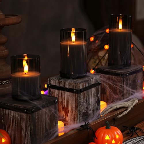 Image of Homemory Grey Glass Flameless Candles, Battery Operated LED Pillar Candles with Remote Control and Timer, Radiance Candles, Real Wax, Set of 3,D3 xH4 5 inch 6 inch