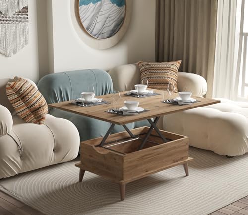 Walnut-Lift Top Coffee Table Extendable Convertible Design Up to 6 Person