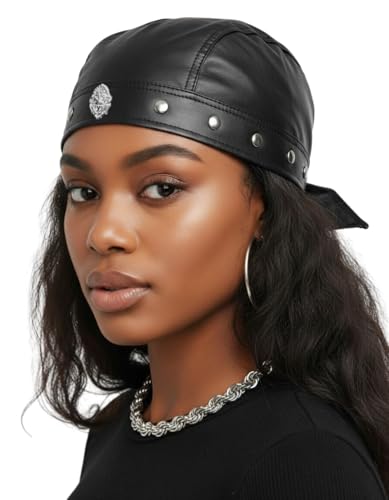 FurquGears Leather Biker Hats Adjustable Headwrap Bandana Cycling Doo rag Skull Cap for Men & Women