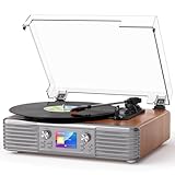 Vintage Vinyl Record Player with Stereo Speakers, 3-Speed Belt Drive Bluetooth Turntable, USB to PC Recording, LCD Display, Auto Stop, RCA Line Out, AUX, Headphone Jack, Walnut Wood, Home Decor, Gift
