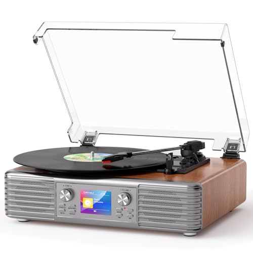 Vintage Vinyl Record Player with Stereo Speakers, 3-Speed Belt Drive Bluetooth Turntable, USB to PC Recording, LCD Display, Auto Stop, RCA Line Out, AUX, Headphone Jack, Walnut Wood, Home Decor, Gift