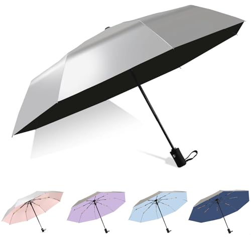 vavcktye UPF 50+ UV Umbrella for Sun Protection Windproof Sun Umbrella with Titanium Coating Compact Lightweight Folding Umbrella for Travel Automatic Open Close (Silver/Black, 46 inch)