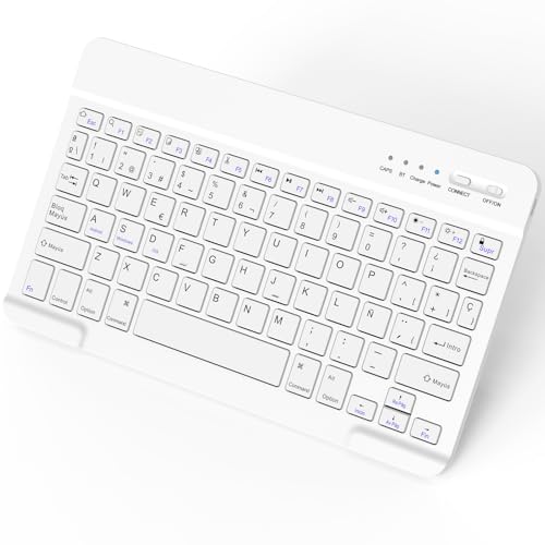 NEWCOO Teclado Bluetooth Español, Teclado Recargable USB C, Diseño QWERTY Español Ñ Teclado inalámbrico Bluetooth para iPhone de iOS, iPad, iPhone, Samsung, Lenovo, Huawei, Android, Windows, Blanco