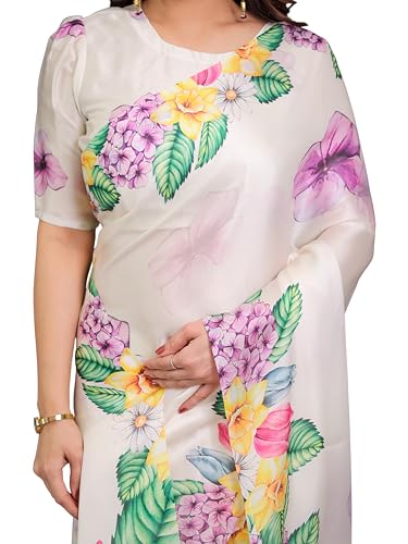 Image of ALMAARI FASHION Satin Georgette Floral Printed Saree with Blouse, 5.5 Meter Saree with 0.8 Meter Blouse, Traditional (SG 113 H)