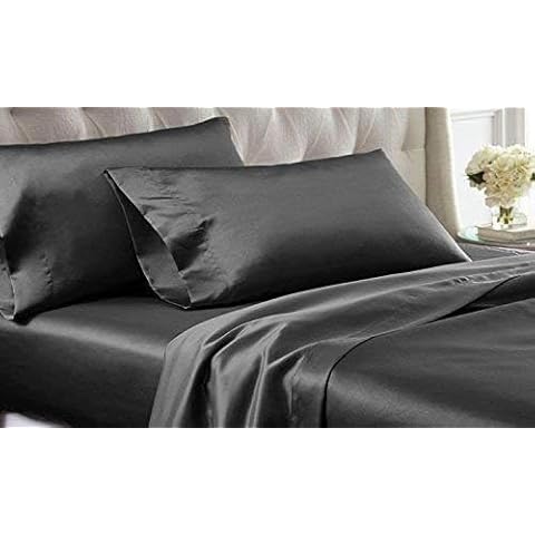 Bedify Bedding 100% Pure Silk Satin Sheet Set 4pcs, Silk Fitted Sheet 15" Deep Pocket Mattress fit,Silk Flat Sheet&Silk Pillowcases Set Soft Silk Sheets|Wrinkle Free Fade Resistant Dark Grey,Queen Cover