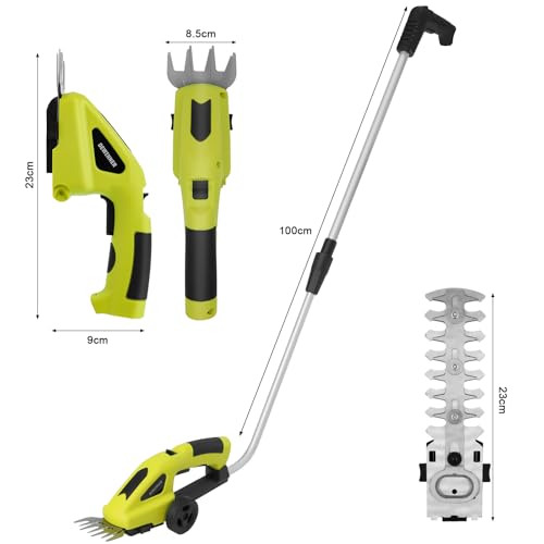 DEWINNER Akku Heckenschere mit Teleskopstiel, 2-in-1 Gartenschere, Schnittbreite Grasschneideblatt 100 mm, Strauchscherenmesser 140 mm, Akku Strauchere und Grasschere 7,2 V, mit Typ C Kabel