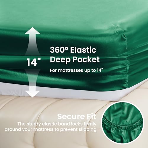 Image of Love's cabin Full Size Satin Sheet Set - 4 Piece Dark Green Silky Satin Sheet Set with Deep Pocket, Luxury Silk Feel Satin Bed Sheets Full Bedding Set (1 Flat Sheet,1 Fitted Sheet,2 Pillow Cases)