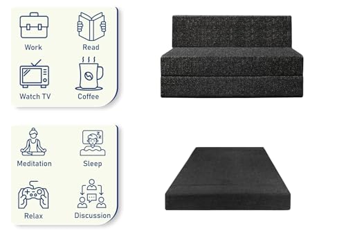 Image of Foldable 1 Seater Sofa Cum Bed, Sofa Bed 3 X 6 Feet, Jute Fabric- Washable Cover- Including One Cushion Perfect for Home & Office - Black Color