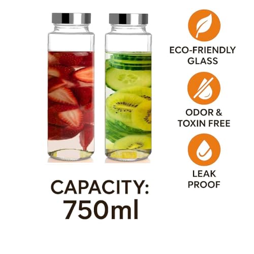 Image of Glassbunny 750ml Leak-Proof Airtight Stainless Steel Lid Glass Water Bottle for Water, Smoothie, Juices - Reusable Travel Drinking Fridge Bottle Pack of 1