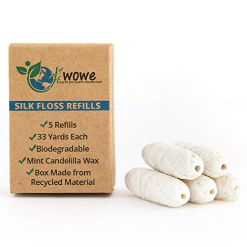 Wowe Natural Biodegradable Peace Silk Dental Floss Refills with Candelilla Wax, 10 Month Supply, 33 Yards Each - 5 Pack (Natural Mint)