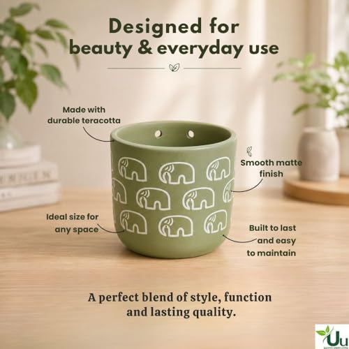 Image of Urban Upvan Elephant Printed Green Terracotta Wall Planter - Premium Decorative Planter for Indoor & Outdoor Plants, Modern Elegant Flower Pot for Home, Garden & Office