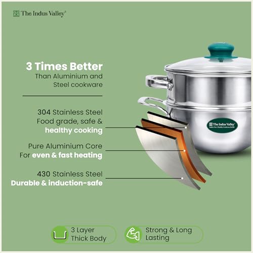 Image of The Indus Valley Triply Stainless Steel Cookware Set of 3 | 20cm Triply Deep Kadai (2.2L) and Stainess Steel Steamer with Common Glass Lid | Induction Base | Multipurpose Cooking - Steam, Fry, Boil & Cook | Perfect for Momos, Dum & Curries