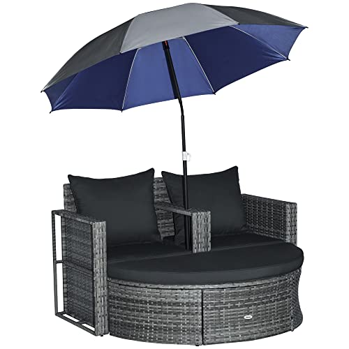 Outsunny Ensemble de Salon de Jardin 2 pièces en résine tressée - canapé 2 Places avec Coussins + Parasol + Repose-Pieds - Gris