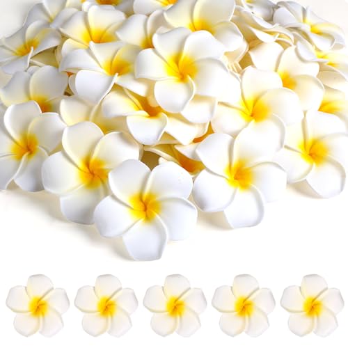 Augshy 48Pcs Artificial Plumeria Flowers 5 CM White Foam Frangipani Flowers