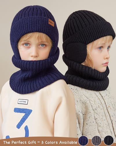 Image of Kids Winter Beanie Hat Scarf Gloves Set 4-10Y, Knit Hat With Earmuffs Neck Gaiter Fleece Lined Touchscreen Gloves Boys Girls