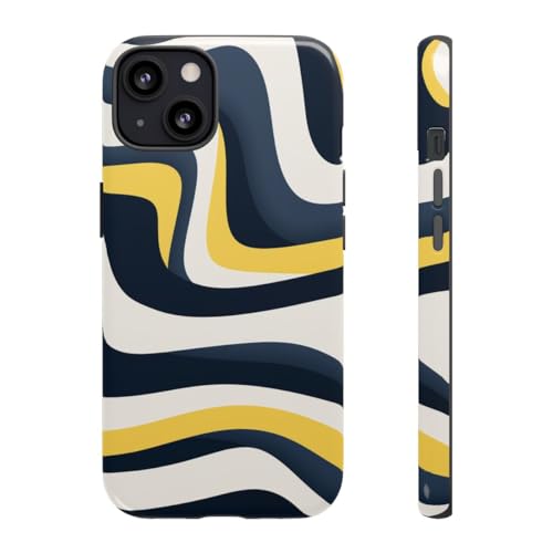 Coque iPhone 13 lignes ondulées bleu marine et jaune résistante