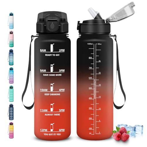 Grsta Borraccia 1 litro, Borraccia con Cannuccia, Senza Perdite, Borraccie Motivazionale, Facile da Pulire, Borracce Graduata, Con Slogan Motivazionale, Borracce per Fitness, Yoga, Campeggio