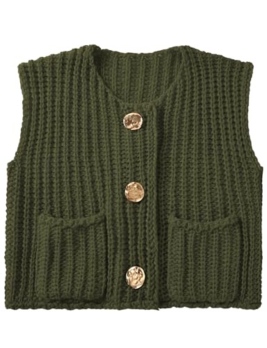 Image of Womens Cropped Sweater Vest Sleeveless Chunky Kint Cardigan Top Casual Warm Button Down Crop Tops with Pockets