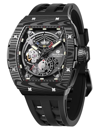 TSAR BOMBA Montre Homme Automatique - Montres Fibre de Carbone Tonneau de Luxe - Etanche 50m - Indicateur de Réserve de Marche - Bracelet en Caoutchouc...